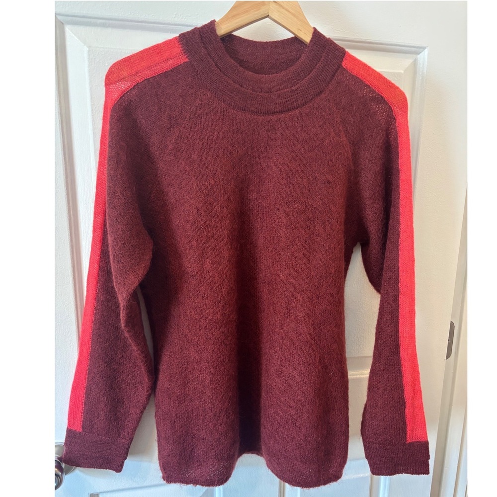 Marie Oliver Burgundy Mohair Wool Blend Racing Stripe Sweater Red Accents L